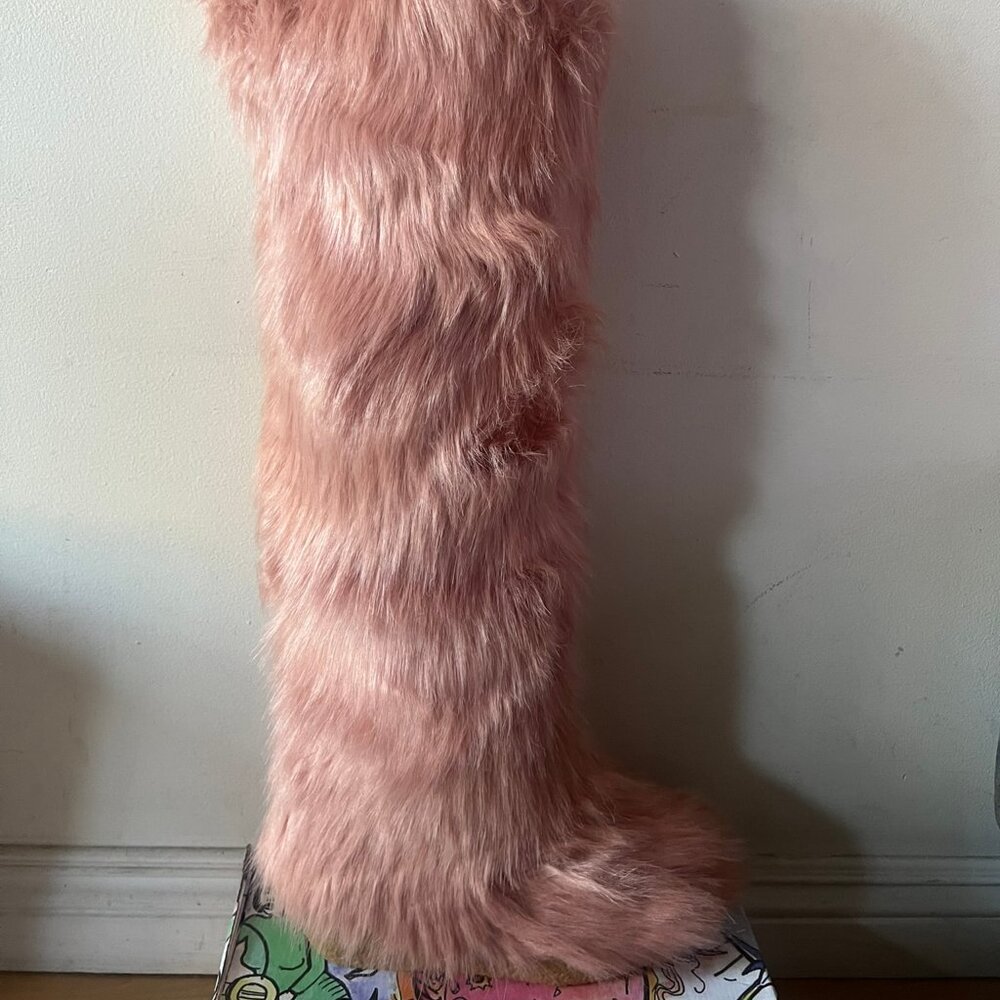 $225 JEFFREY CAMPBELL FLUFFY OK FAUX FUR OVER THE KNEE BOOT SIZE 9.5 US PINK